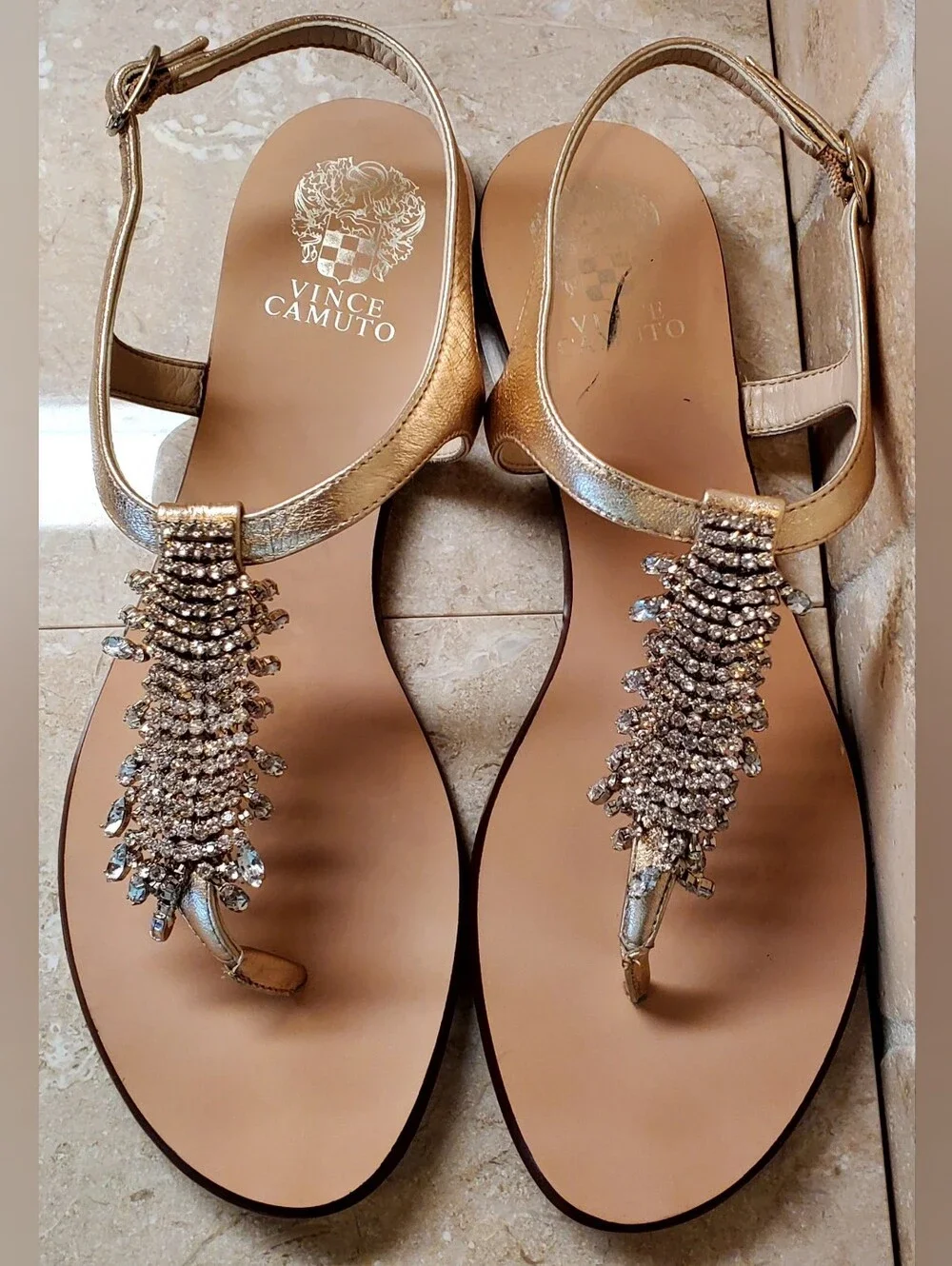 T-strap Flat Women's Sandals Size 10 Gold Leather with Crystal Embellishments